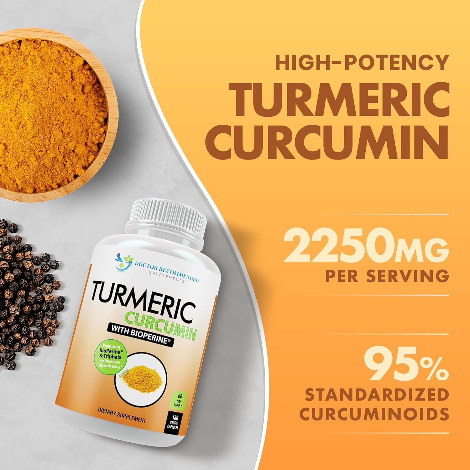 Turmeric Curcumin Supplement - 2250Mg/D - Veggie Caps - 95% Curcuminoids with Black Pepper Extract (Bioperine) - 750Mg Capsules - 100% Organic - Most Powerful Turmeric (180 Count)