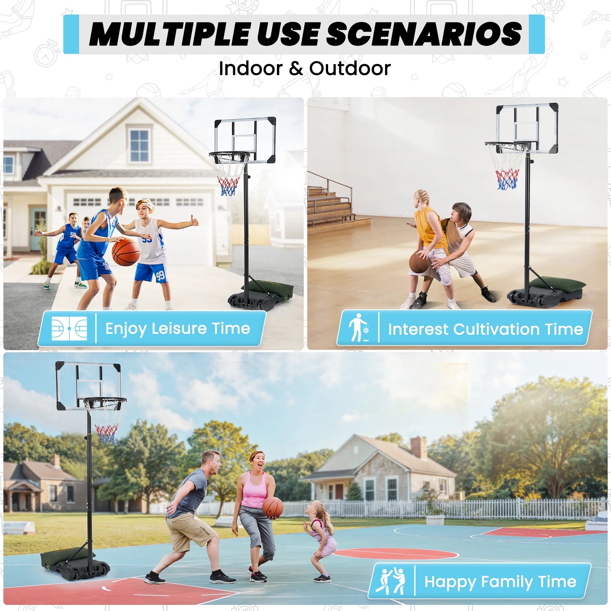 Basketball Hoop Basketball Goal System Height Adjustable 5.1Ft to 7Ft Court for All Age Ranges Indoor Outdoor Use