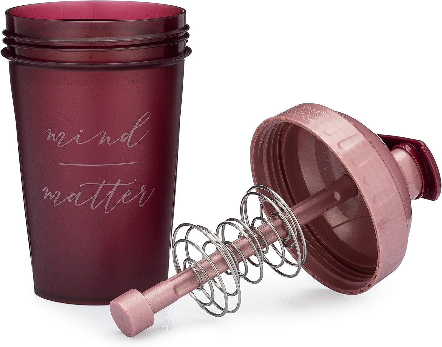 20-Ounce Shaker Bottle with Action-Rod Mixer | Shaker Cups with Motivational Quotes | Protein Shaker Bottle Is BPA Free and Dishwasher Safe | Mind over Matter - Maroon/Rose - 20Oz