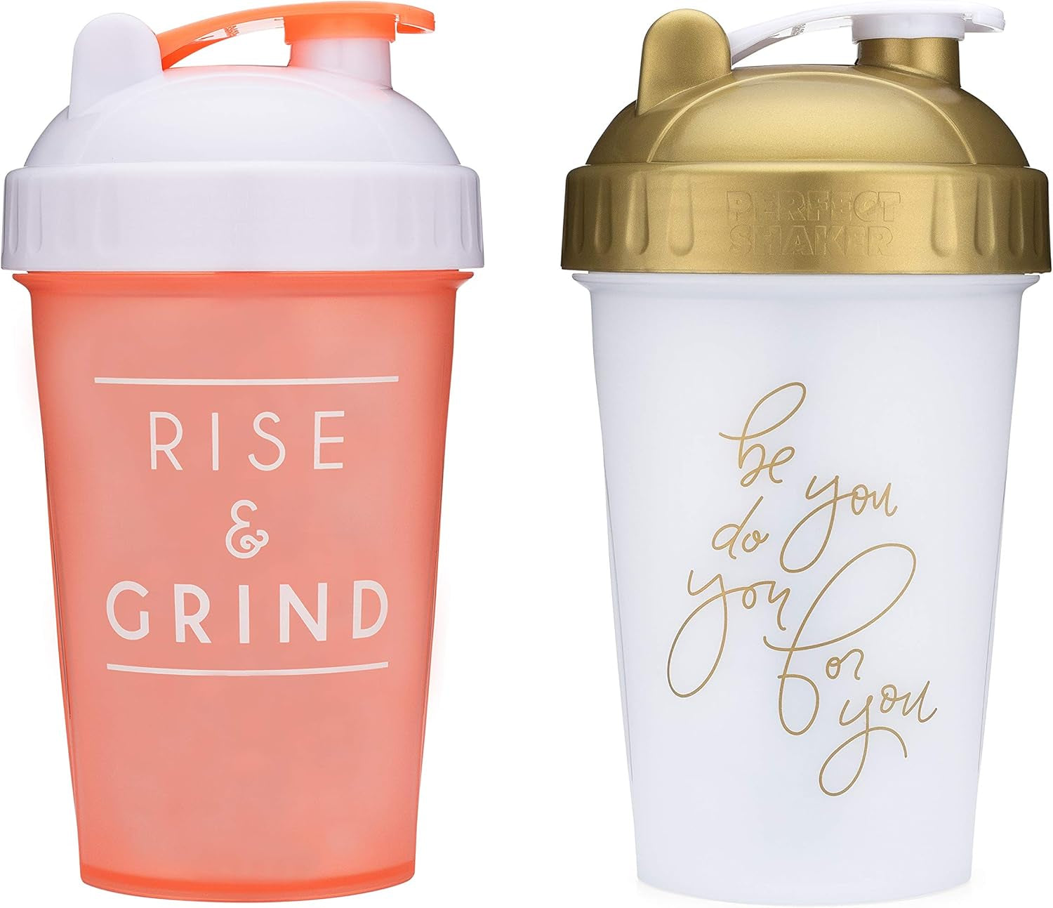 20-Ounce Shaker Bottle with Action-Rod Mixer | Shaker Cups with Motivational Quotes | Protein Shaker Bottle Is BPA Free and Dishwasher Safe | Two Pack - Rise Coral & Be You White/Gold