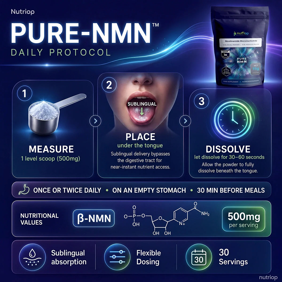 Nutriop® Pure NMN Sublingual Powder - Direct NAD+ Precursor (15g)