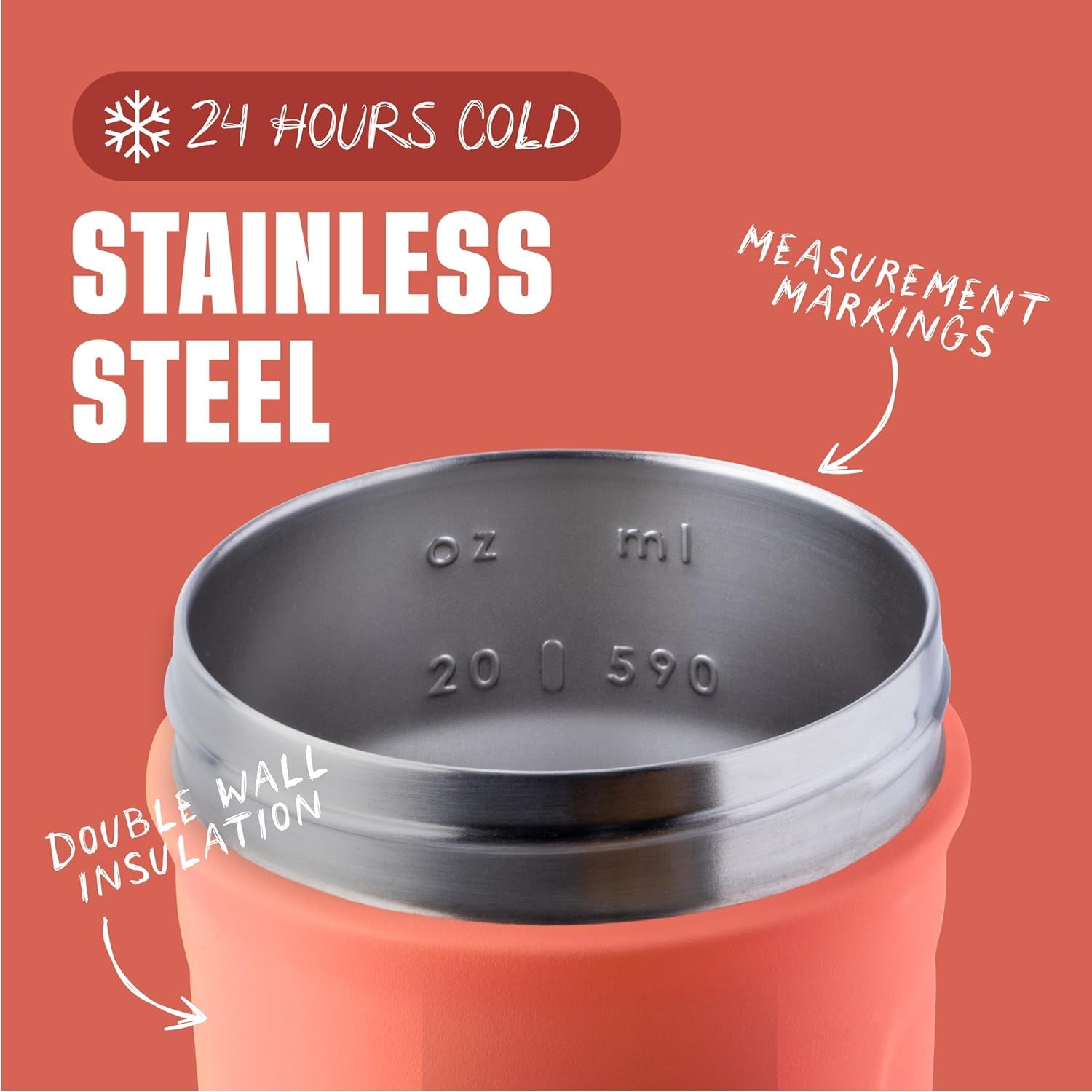 Strada Shaker Cup Insulated Stainless Steel Water Bottle with Wire Whisk, 24-Ounce, Full Color Coral