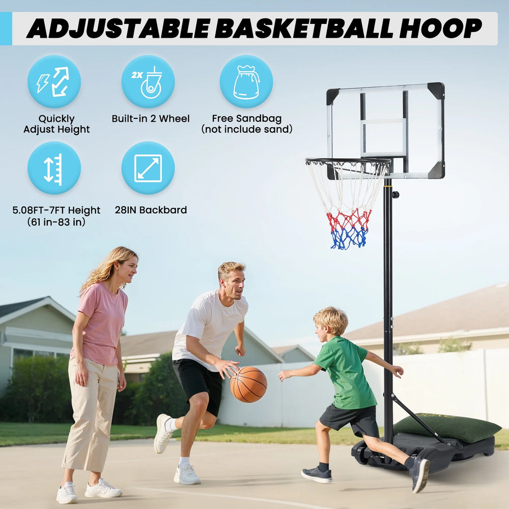 Basketball Hoop Basketball Goal System Height Adjustable 5.1Ft to 7Ft Court for All Age Ranges Indoor Outdoor Use