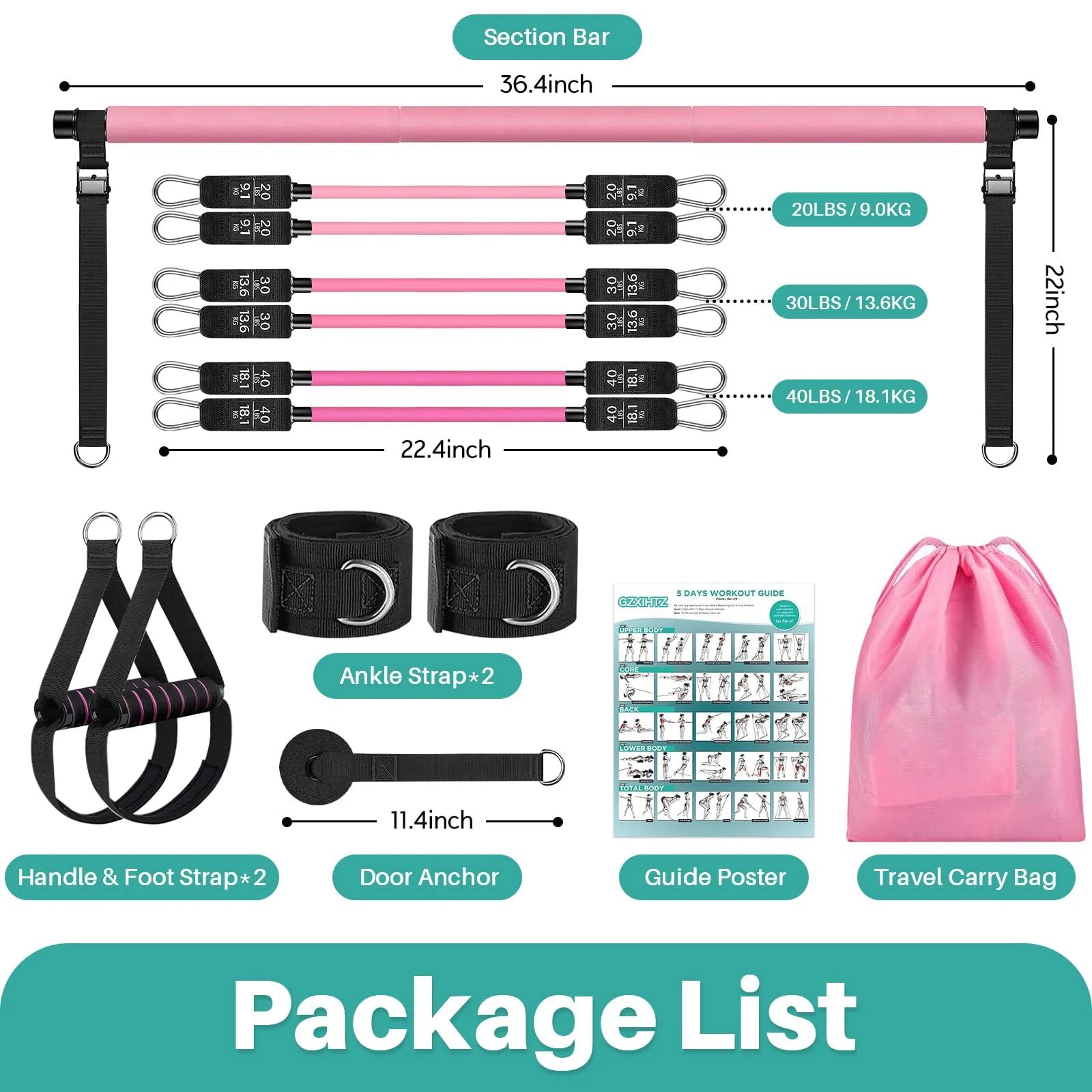 Pilates Bar Kit with Resistance Bands,Pilates Bar with Stackable Bands Workout Equipment for Legs,Hip,Waist and Arm,Exercise Fitness Equipment for Women & Men Home Gym Yoga Pilates