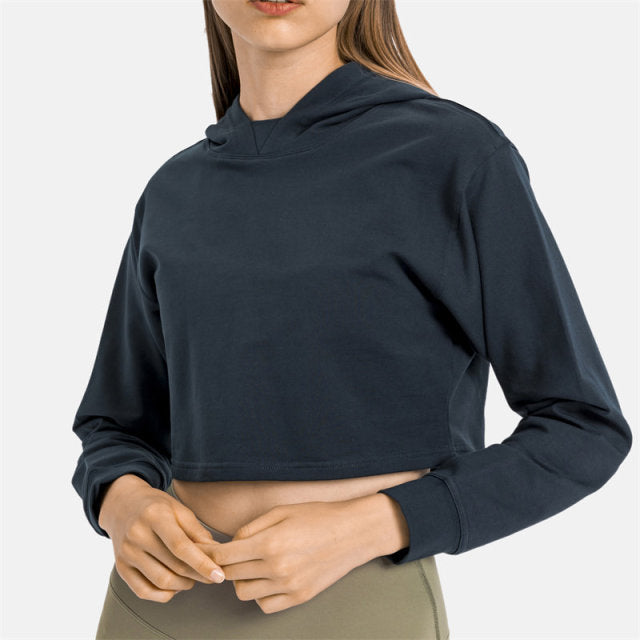 Women Workout Crop Hoodie Long Sleeve Sweatshirt Casual Pullove Sport Top Fitness Women