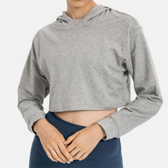 Women Workout Crop Hoodie Long Sleeve Sweatshirt Casual Pullove Sport Top Fitness Women
