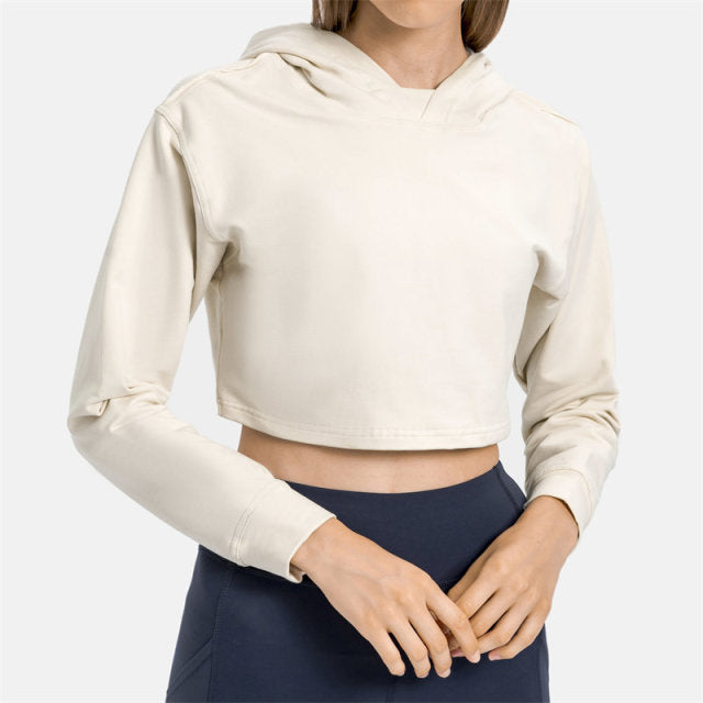 Women Workout Crop Hoodie Long Sleeve Sweatshirt Casual Pullove Sport Top Fitness Women