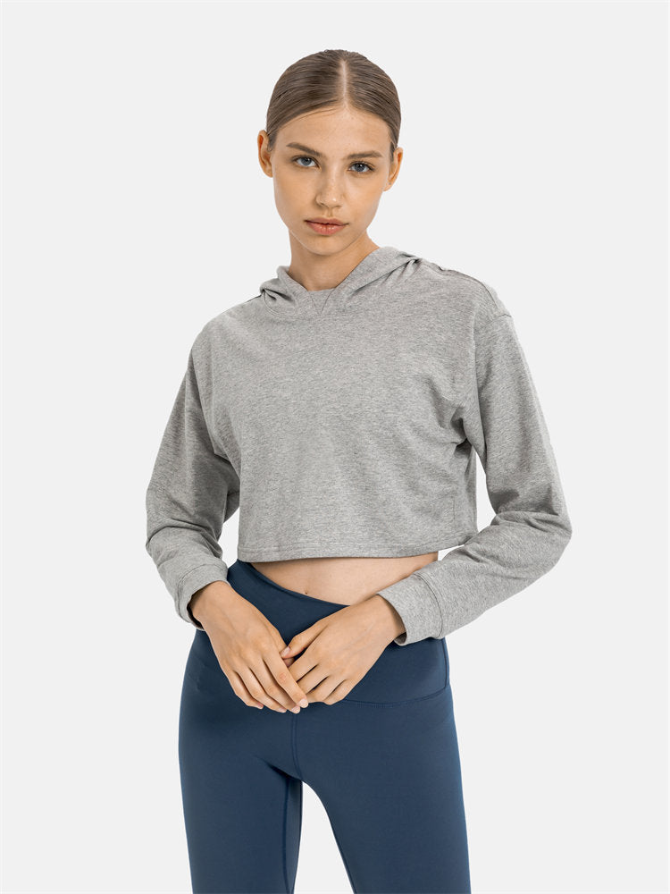 Women Workout Crop Hoodie Long Sleeve Sweatshirt Casual Pullove Sport Top Fitness Women
